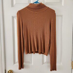 Topshop Camel Brown Ribbed Long Sleeve Croppeed Turtleneck Sweater - Size 12
